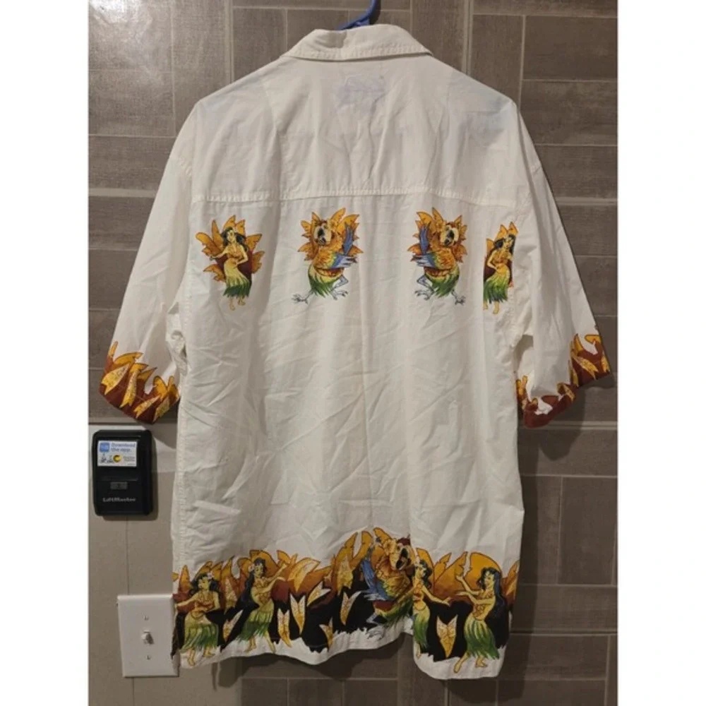 Caribbean Soul Jimmy Buffett Button Up Shirt Sz Medium White Parrots Hula Dancer
